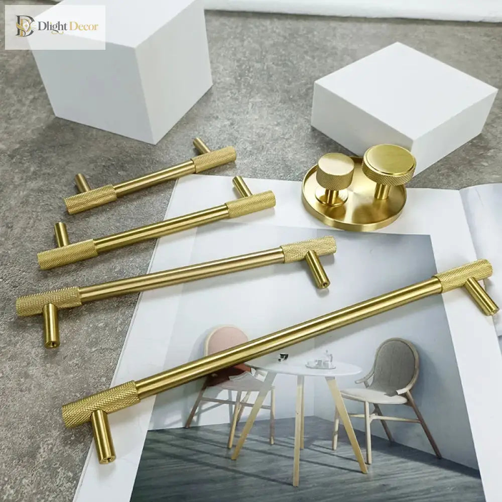 Solid Brass Knurled Cabinet Handles – Satin Gold Long Wardrobe Bar Pulls and Drawer T-Bars Handles