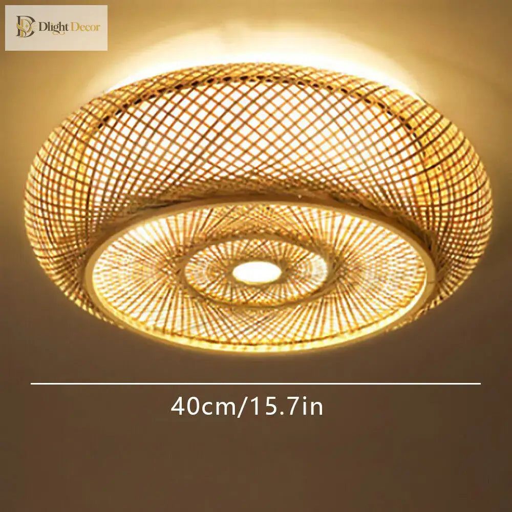 40Cm Bamboo Wicker Rattan Ceiling Light Fixture - Asian Art Flush Mount Pendant Lamp Ceiling Light