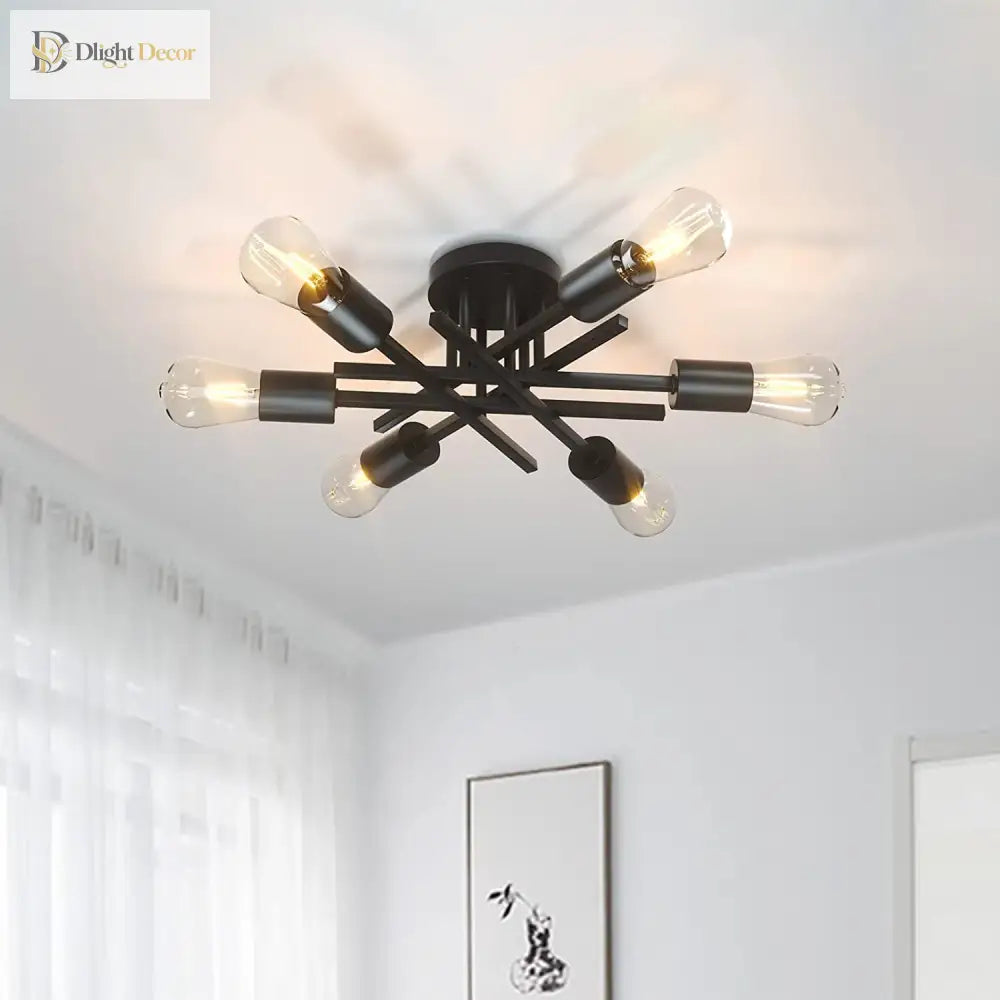 Sputnik Semi Flush Mount Chandelier - Contemporary Mid - Century Black Ceiling Light Fixture