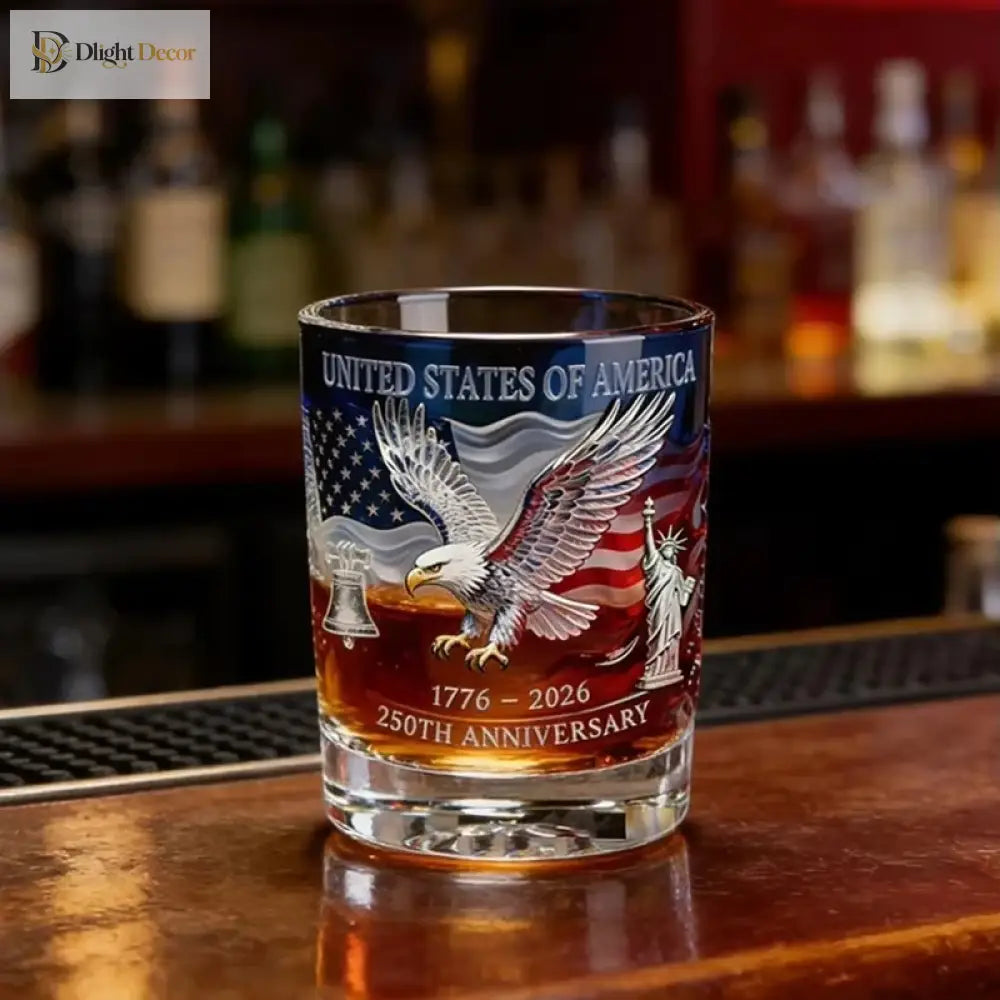 Blue-and-red patriotic whiskey tumbler with eagle graphic and '250th Anniversary' text
