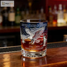 Blue-and-red patriotic whiskey tumbler with eagle graphic and '250th Anniversary' text