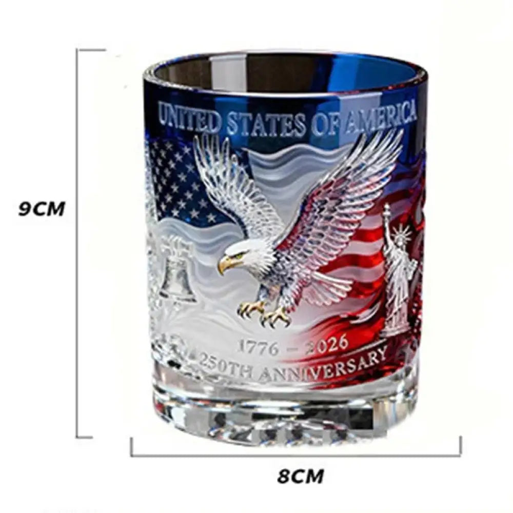 Patriotic glass tumbler with eagle, waving flag stripes, and '250th Anniversary' artwork