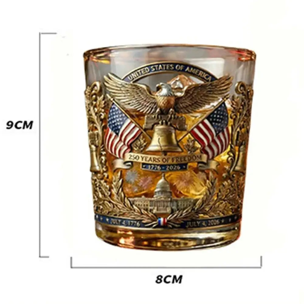 Whiskey tumbler with gold eagle, ribbon, and '250 Years of Freedom' patriotic design