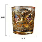 Whiskey tumbler with gold eagle, ribbon, and '250 Years of Freedom' patriotic design