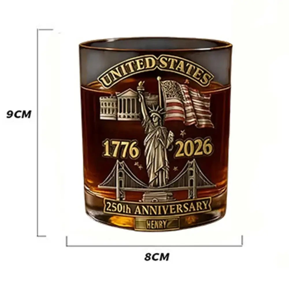 Dark amber whiskey tumbler with Statue of Liberty, flags, and '250th Anniversary' text