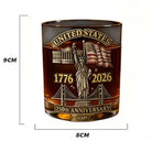 Dark amber whiskey tumbler with Statue of Liberty, flags, and '250th Anniversary' text
