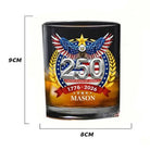 Black whiskey tumbler with blue-and-gold 250 wings emblem and “Mason” text