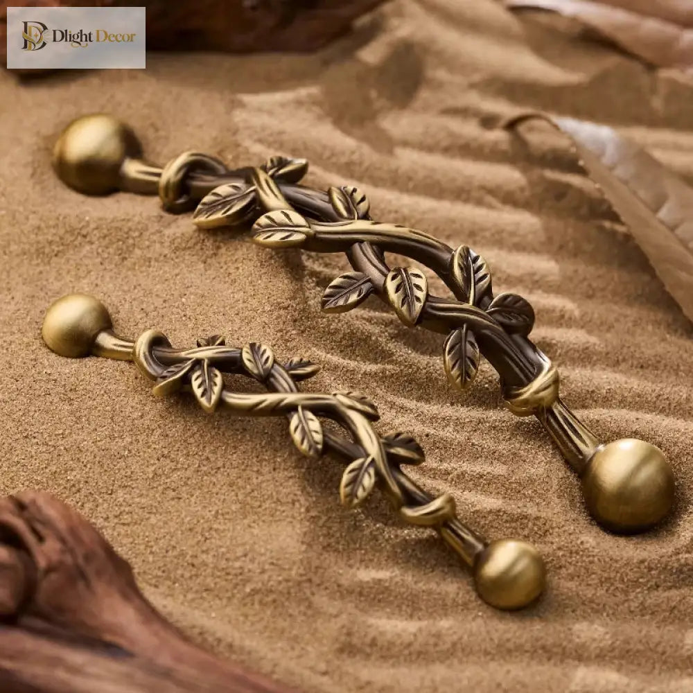 Antique bronze vine drawer pull handle pair with two round knobs and leaf detail