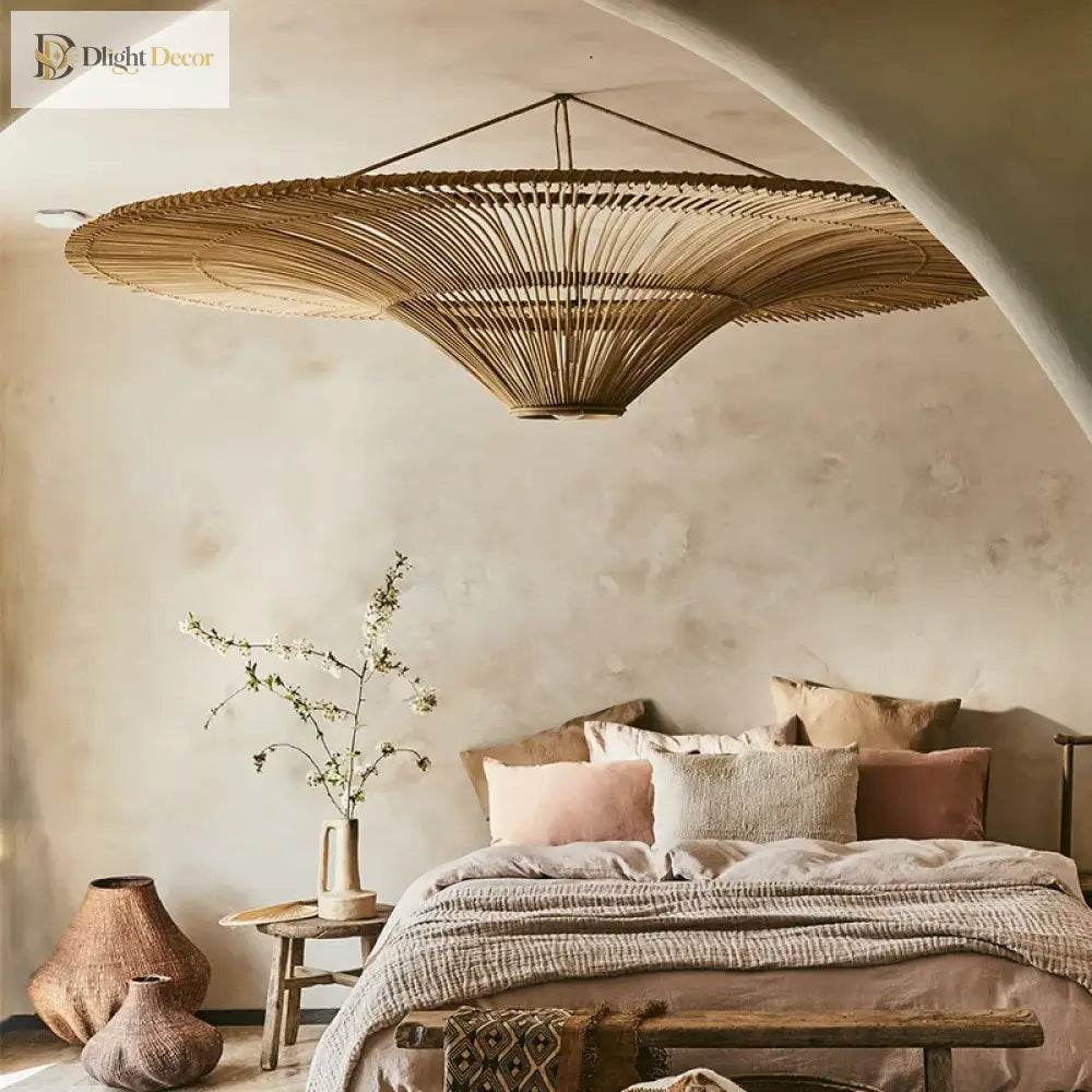 Wabi Sabi Japanese Rattan Pendant Light - Handmade Straw Hat Chandelier For Unique Decor Lights