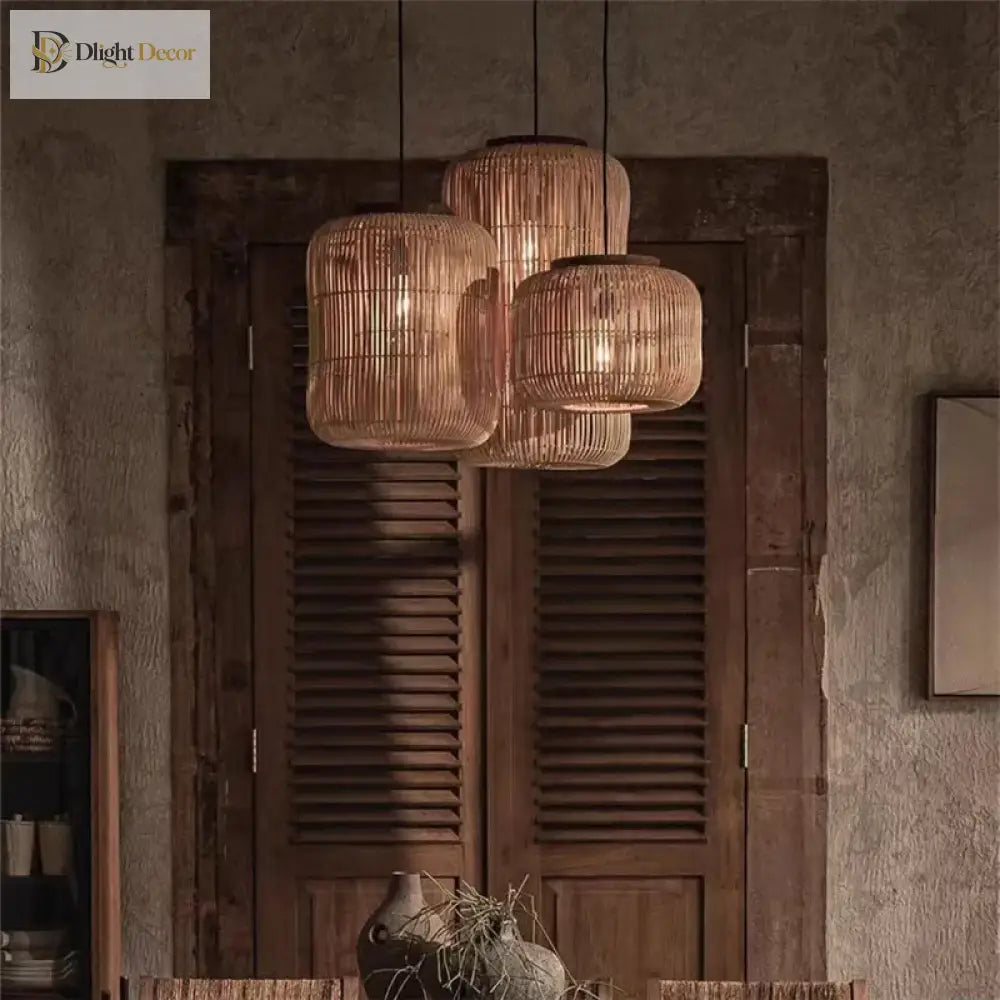Wabi - Sabi Vintage Rattan Pendant Light - Hand - Woven Japanese Style Elegance For Dining Room