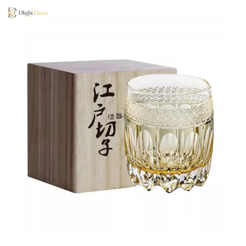 Amber crystal whiskey tumbler with faceted band, in wooden gift box with printed characters