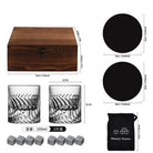 Whiskey glass gift set size diagram with wood box, two glasses, and chilling stones