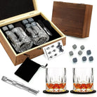 Open whiskey gift set box with two glasses, chilling stones, tongs, and black storage pouch