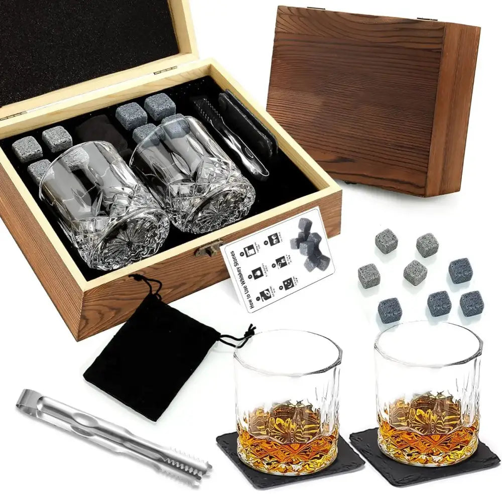 Whiskey gift set tray with two glasses, chilling stones, tongs, and two black pouches