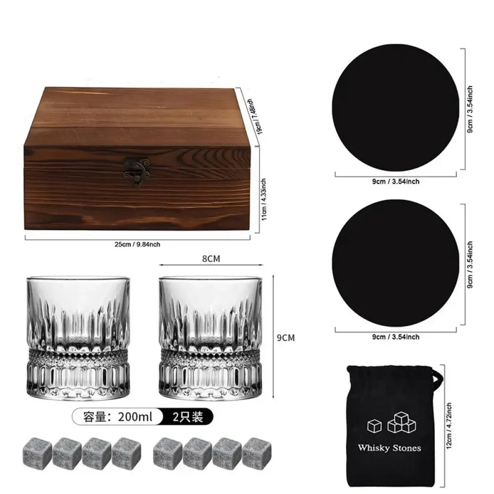 Whiskey glass gift set with 2 faceted tumblers, 8 chilling stones, and storage bag