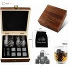 Wooden whiskey stones gift set with faceted glasses, granite cubes, and drawstring bag