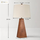 Wood LED desk lamp with fabric shade and base; size measures shown
